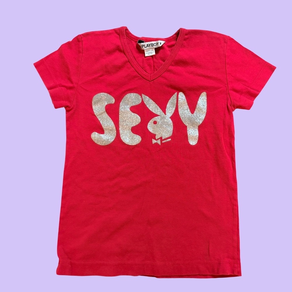 Y2K Playboy Vintage Red V-Neck T-Shirt Glitter Sexy Bunny Graphic Tee #19